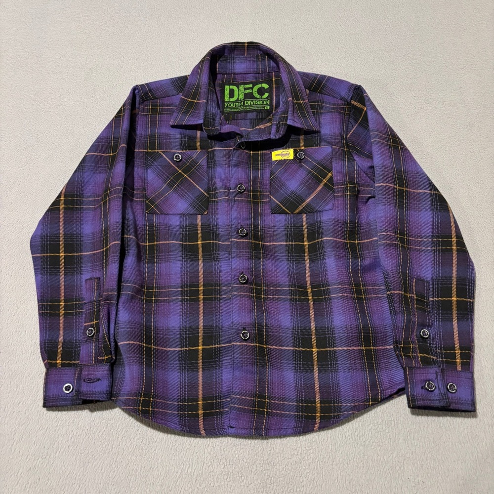 Dixxon Flannel Co Boys Small Purple Black Plaid Speedway Motors D-Tech Shirt